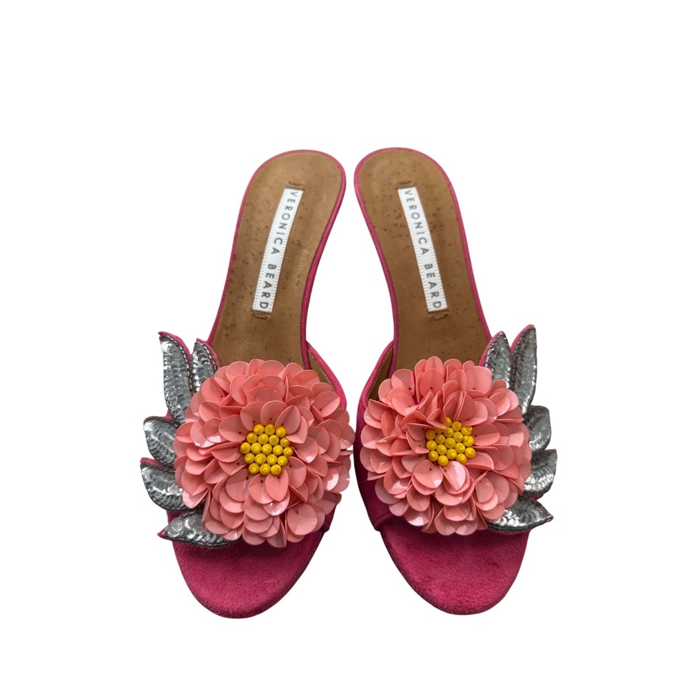 Veronica Beard Pink Floral Sequin Heels Italy 37.5 US 7.5 VB Summer Sandals - Picture 6 of 9